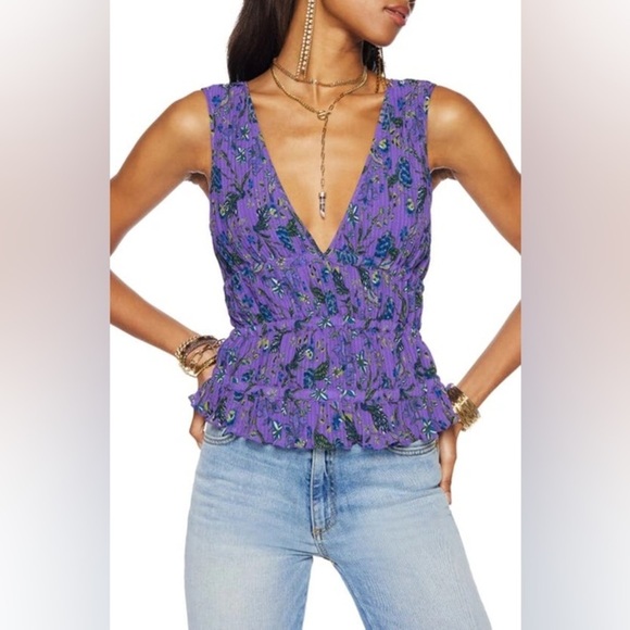 NWT Ramy Brook Printed Malory Ruffle Tank Top Medium Bright Jasmine Purple Smock - Picture 1 of 11